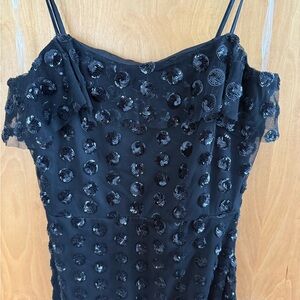 Three Pink Hearts black mini cocktail dress with sequin polka dots. Size XS.
